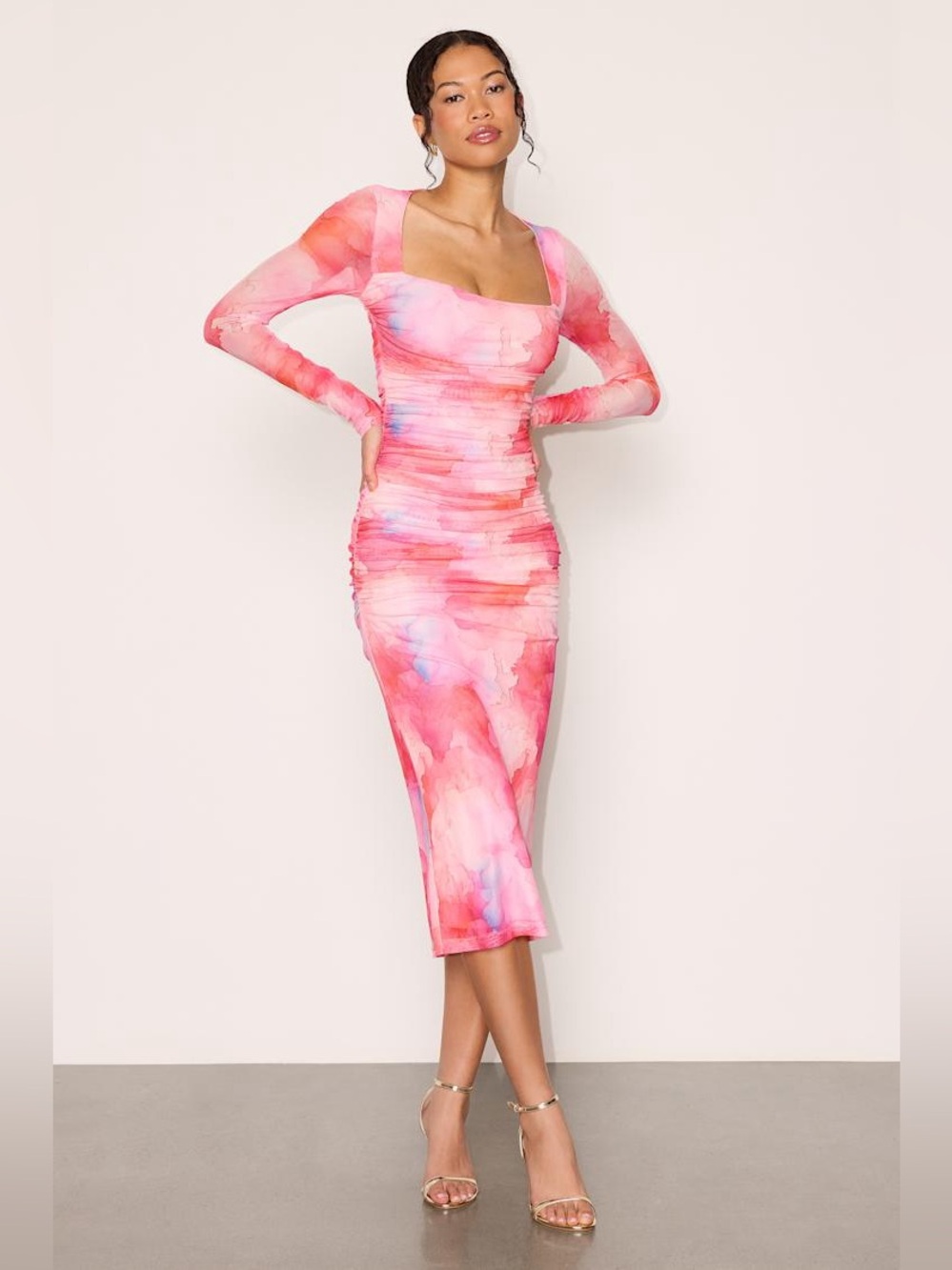 Lulus Sola Pink Multi Abstract Print Mesh Midi Dress